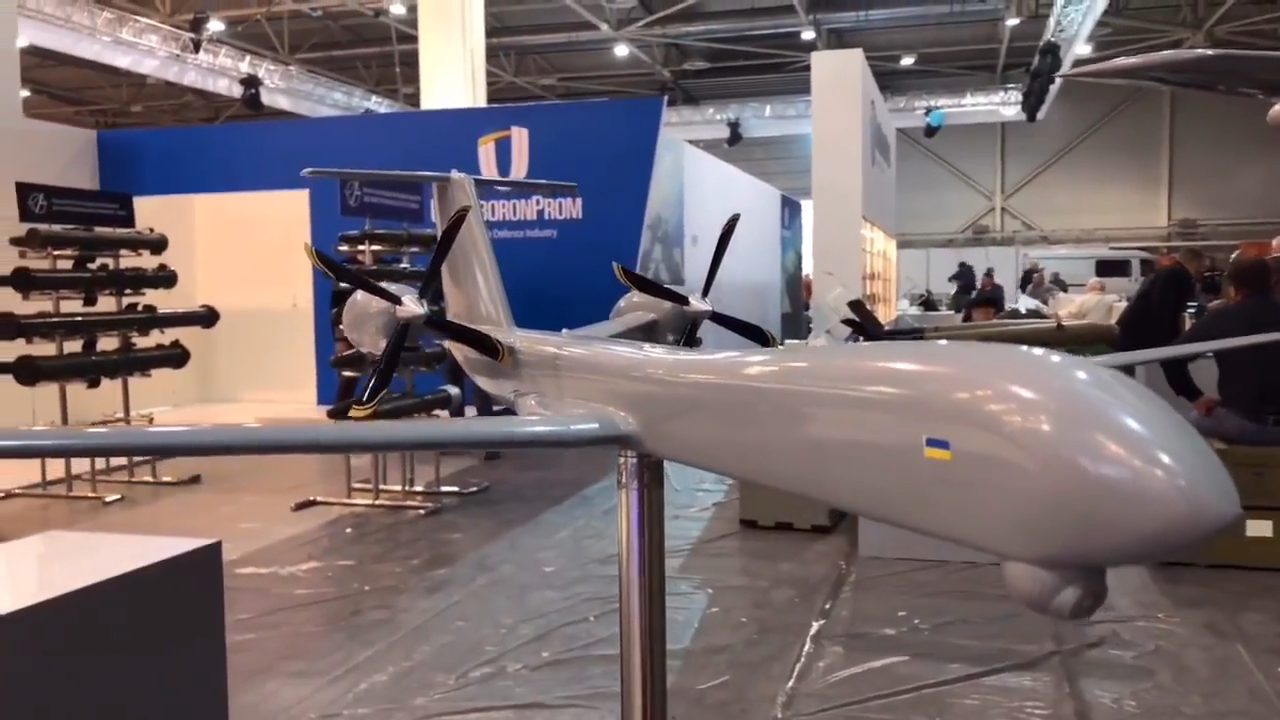 A mock-up of a High Altitude, Long Endurance drone, under development by Ukraine's Antonov.